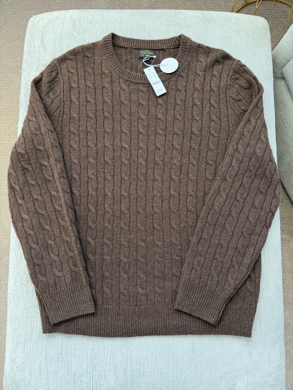 J.Crew 100% Cashmere Cable-Knit Crewneck Sweater Brown Men’s Size L NWT Repaired